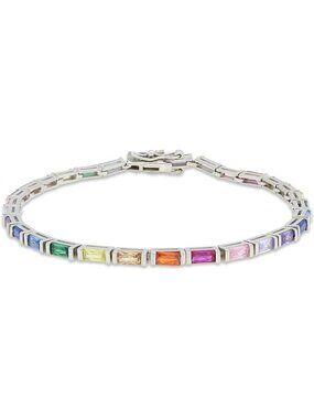 Stunning 2.2MM Rainbow Tennis Bracelet for Women, Multi-Color Sapphire Baguette